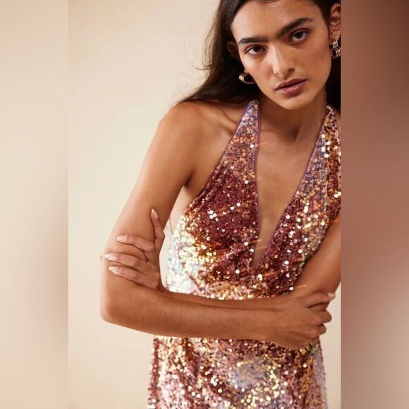 FREE PEOPLE Pink Velvet Sequin Party Dress Midi Maxi Halter Neck Size Medium New - Picture 5 of 15